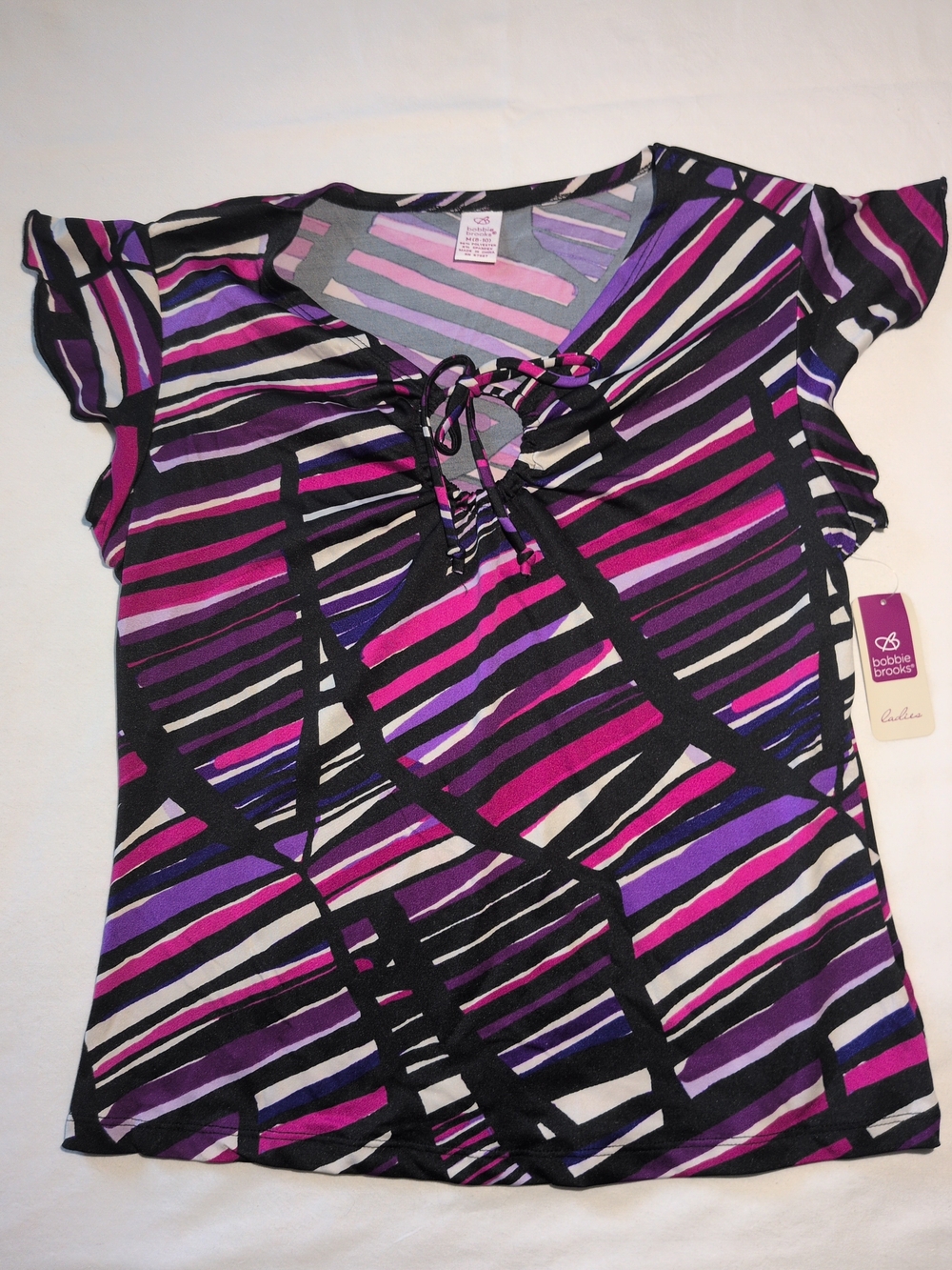 Vintage Bobbie Brooks Purple, Black & White Striped Tie-Front Short Sleeve Top